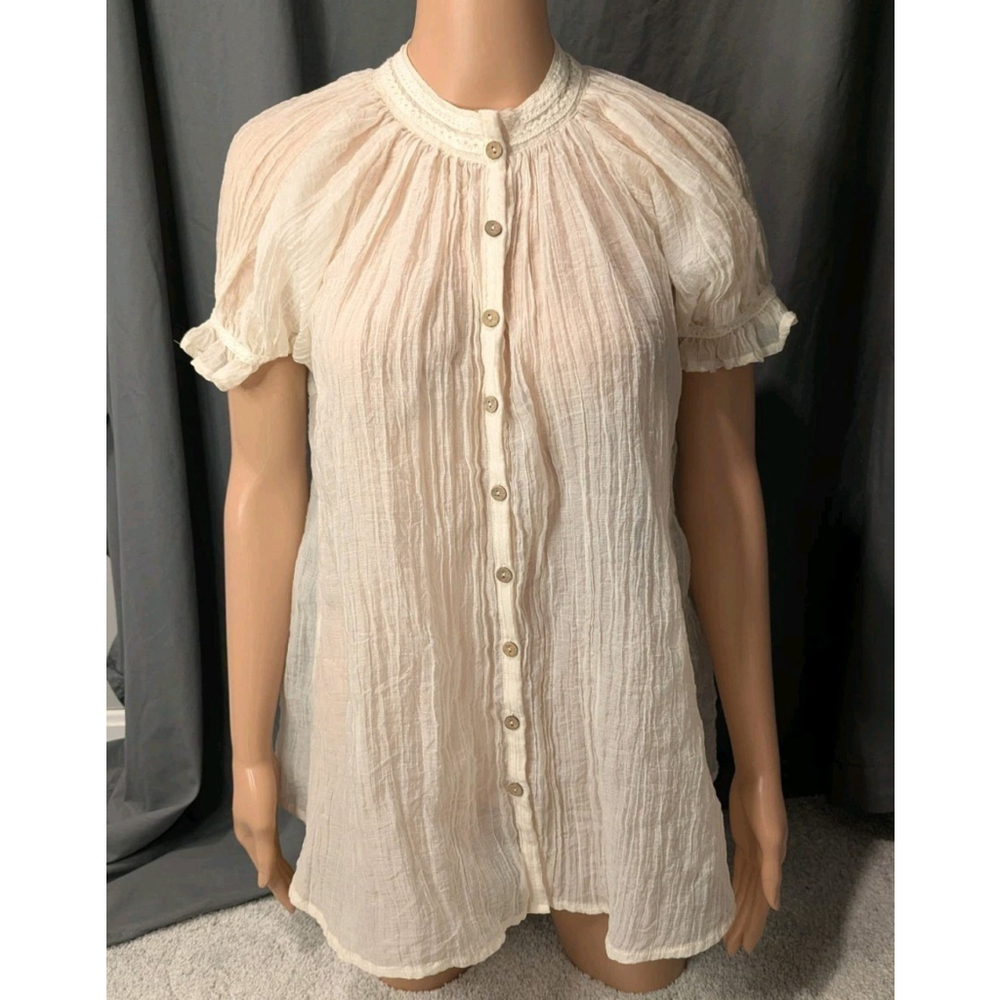 Natural Life Sheer Button Down Puff Sleeve Beige Small Gauze Style